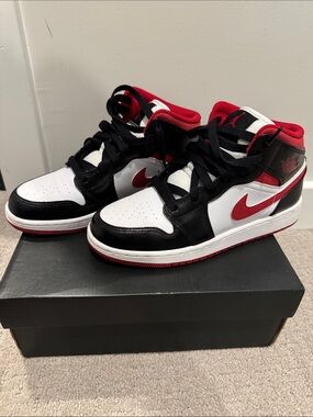 Nike Air Jordan 1 Mid in White, Black & Red